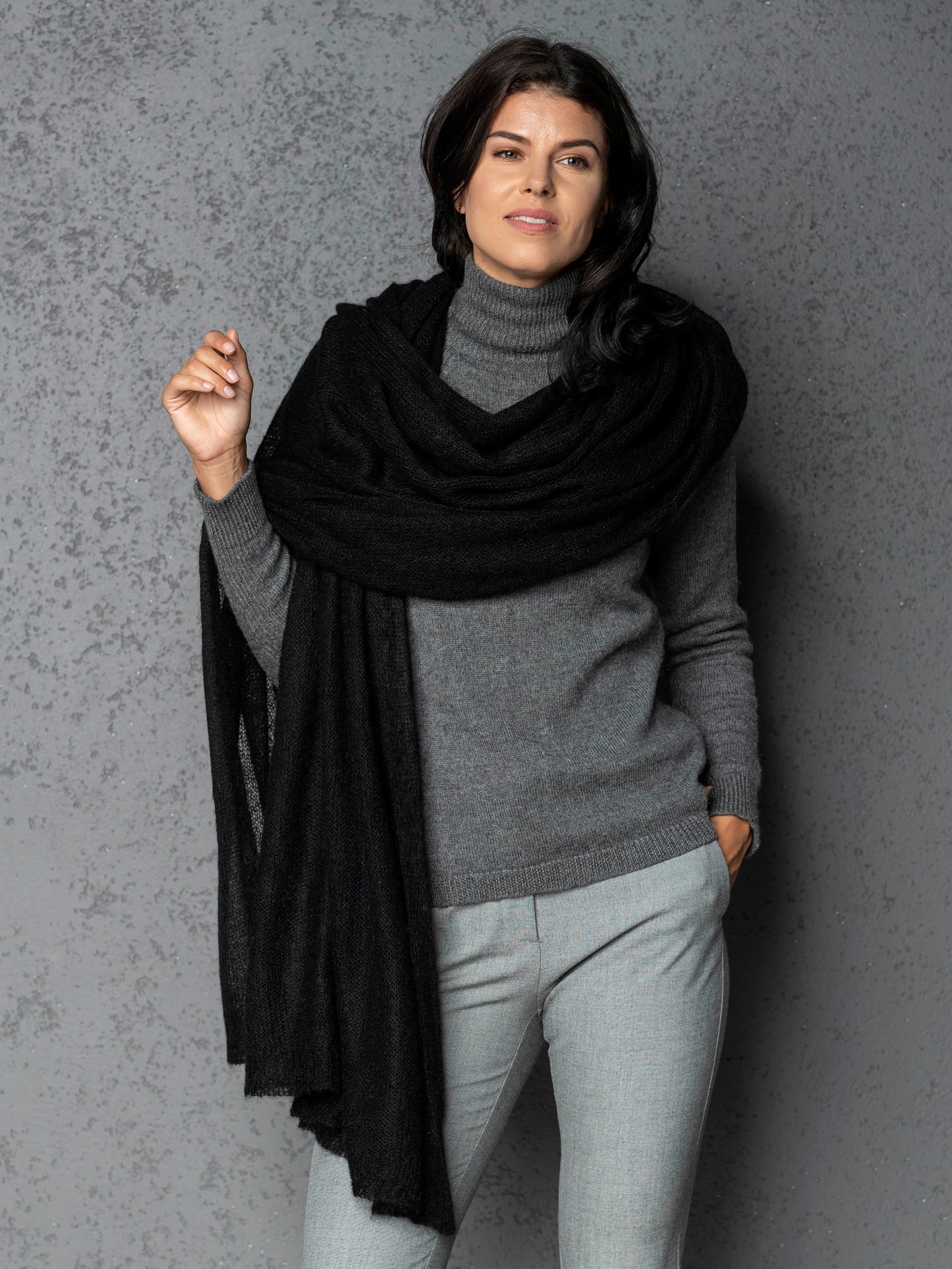 Mohair wool scarf wide and lightweight - Corsica black
