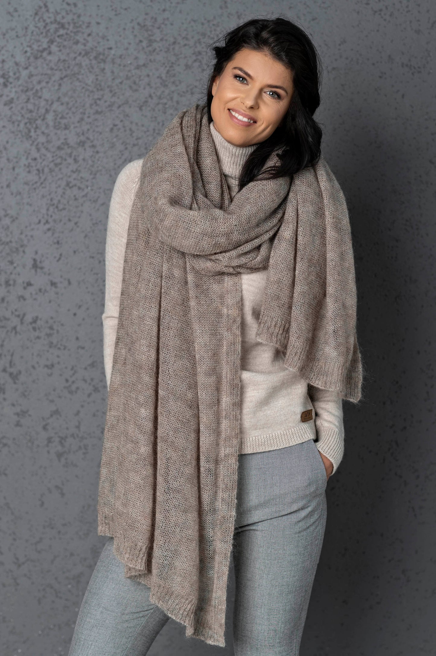 Mohair wool scarf wide and lightweight - Corsica cocoa