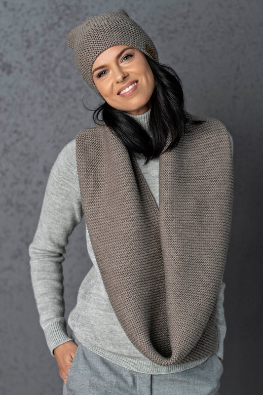 Knit minimalist soft 100% merino wool infinity Scarf and hat - cocoa