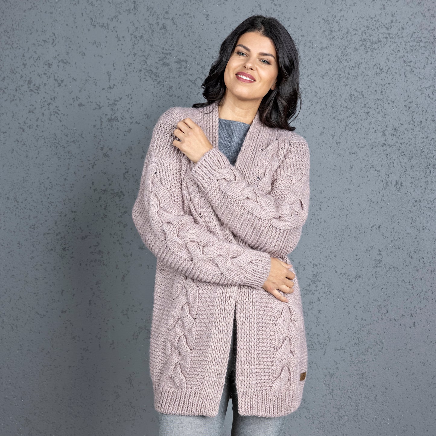 Chunky knit alpaca wool cardigan NORA - dusty rose