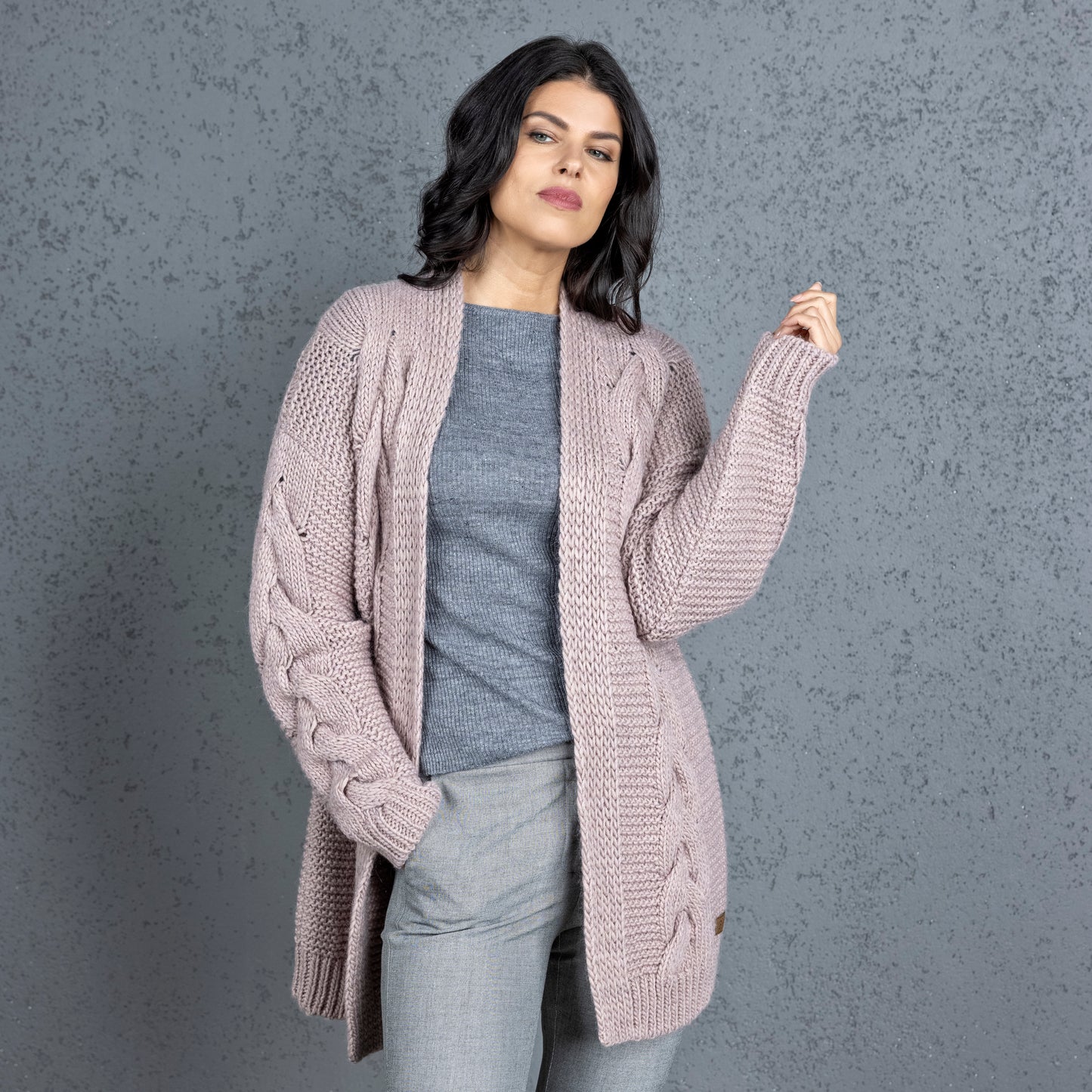 Chunky knit alpaca wool cardigan NORA - dusty rose