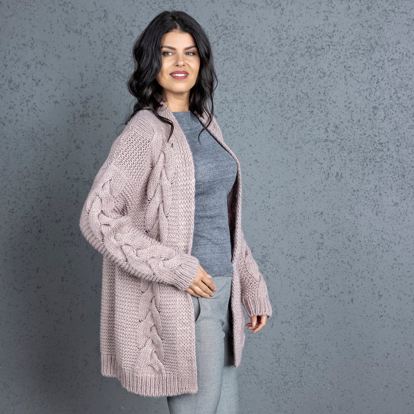 Chunky knit alpaca wool cardigan NORA - dusty rose