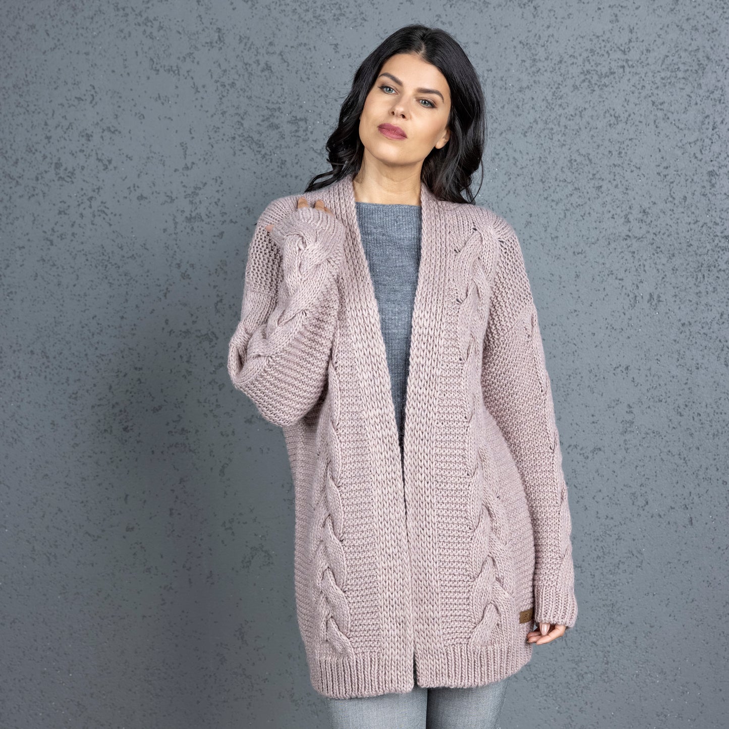 Chunky knit alpaca wool cardigan NORA - dusty rose