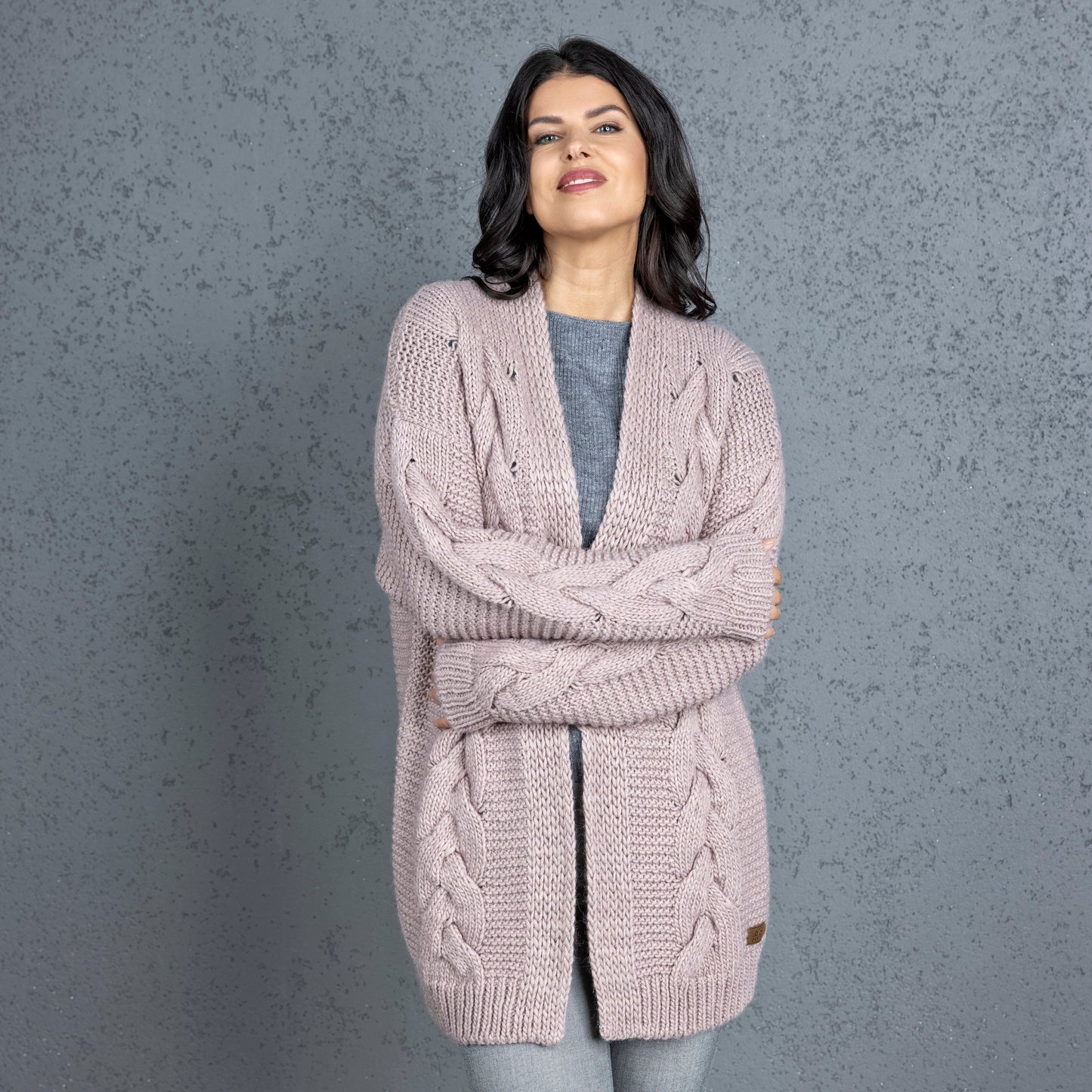 Chunky knit alpaca wool cardigan NORA - dusty rose