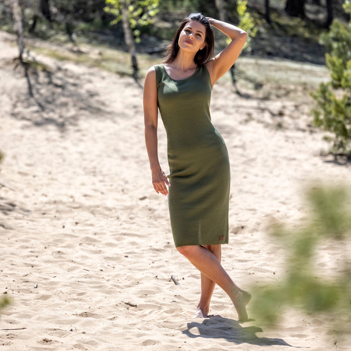 Linen thin knit dress PEARL - moss