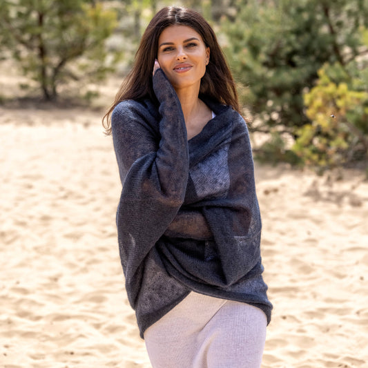 Knit lightweight mohair long cardigan wrap WRAPER - dark blue