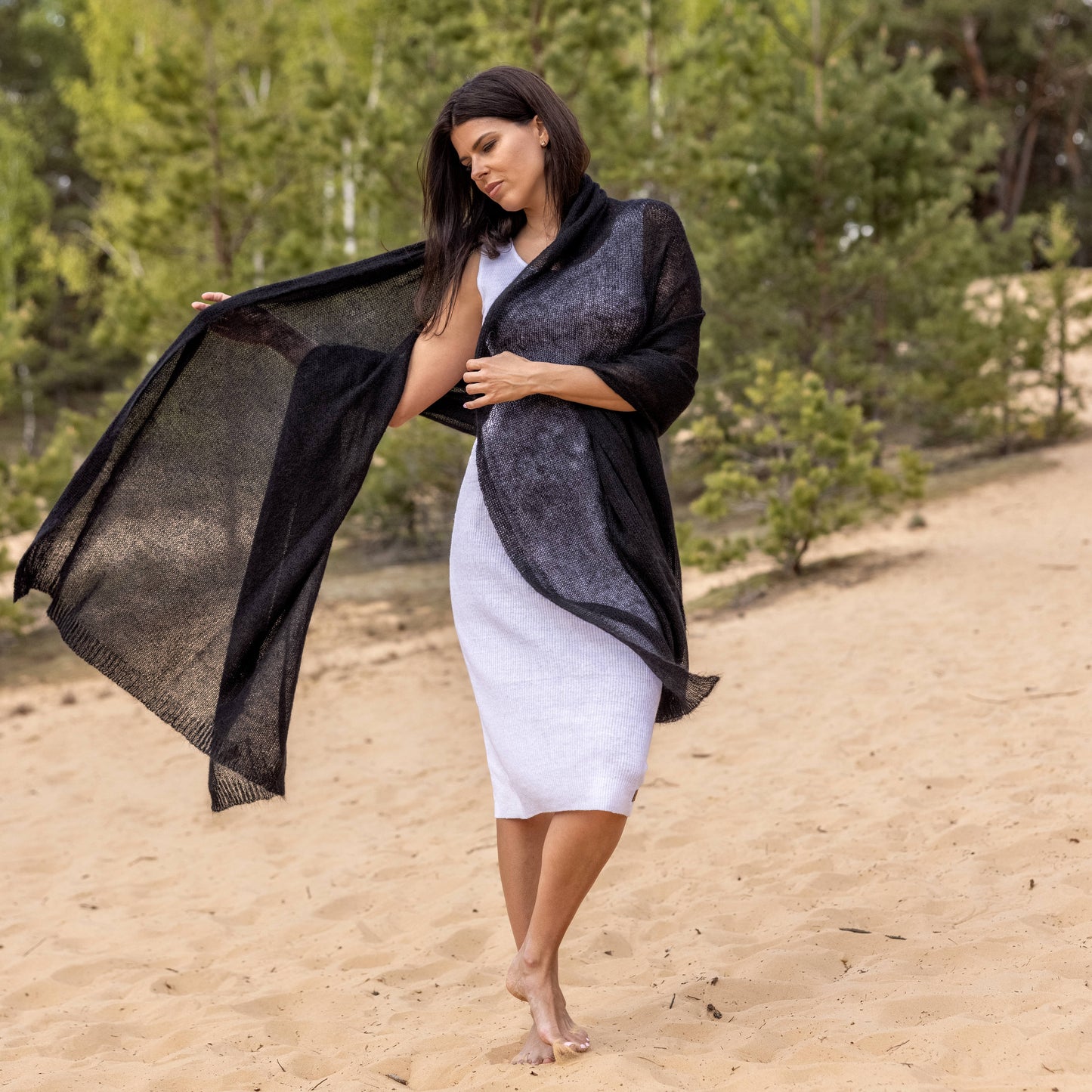 Mohair wool scarf wide and lightweight - Corsica black