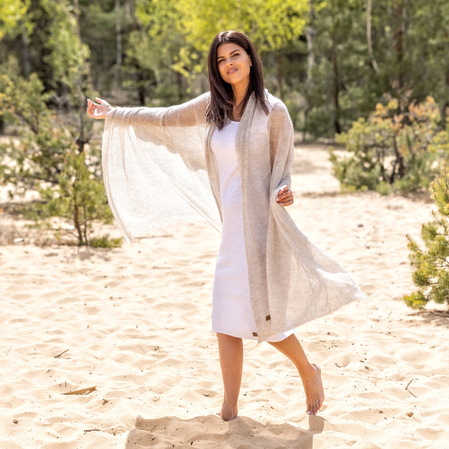 Feast Gala Wedding cape wrap shrug shawl knit from kid mohair - beige