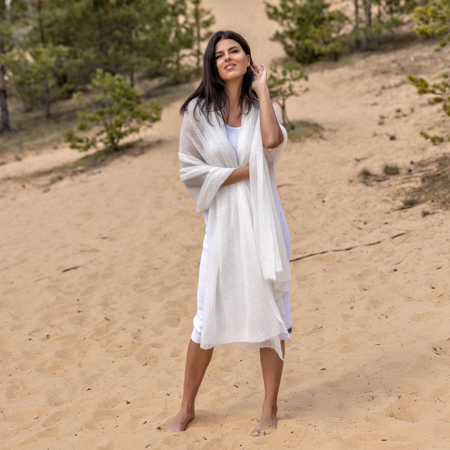 Mohair wool scarf wide and lightweight - Corsica white