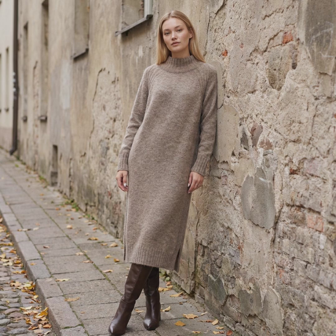 AGNESA long baby alpaca knit dress, cocoa — By AGdesign