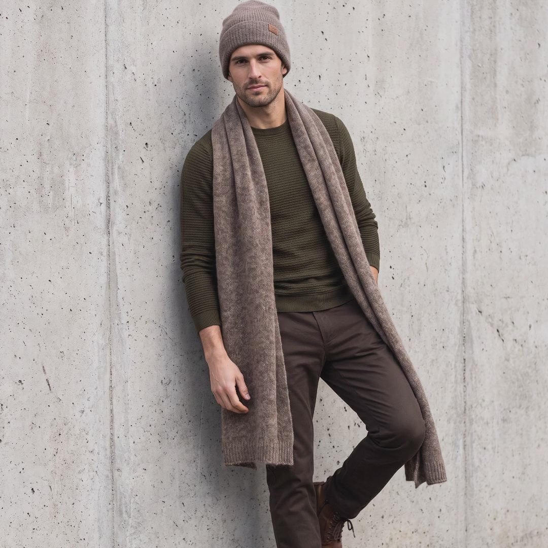 Men's wide baby alpaca scarf and beanie set, cocoa — By AGdesign