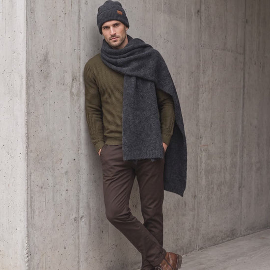 Men's wide baby alpaca scarf and beanie set, dark gray — By AGdesign