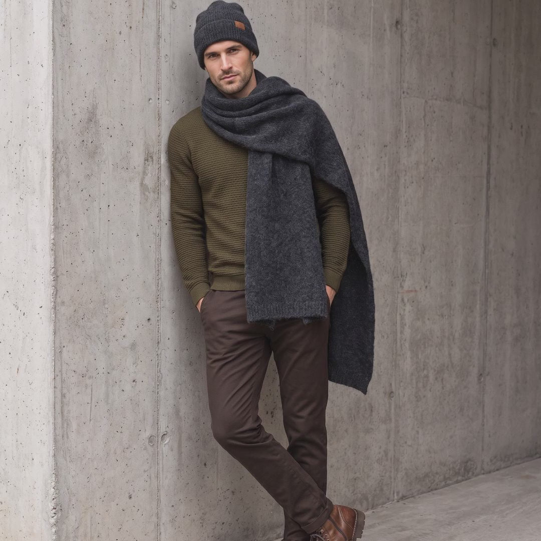 Men's wide baby alpaca scarf and beanie set, dark gray — By AGdesign