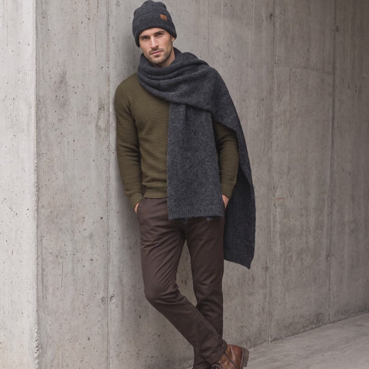 Men's wide baby alpaca scarf and beanie set, dark gray — By AGdesign