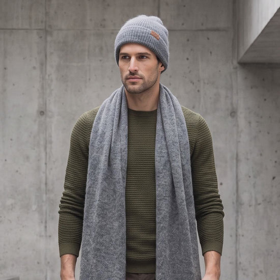 Men's wide baby alpaca scarf and beanie set, gray — By AGdesign