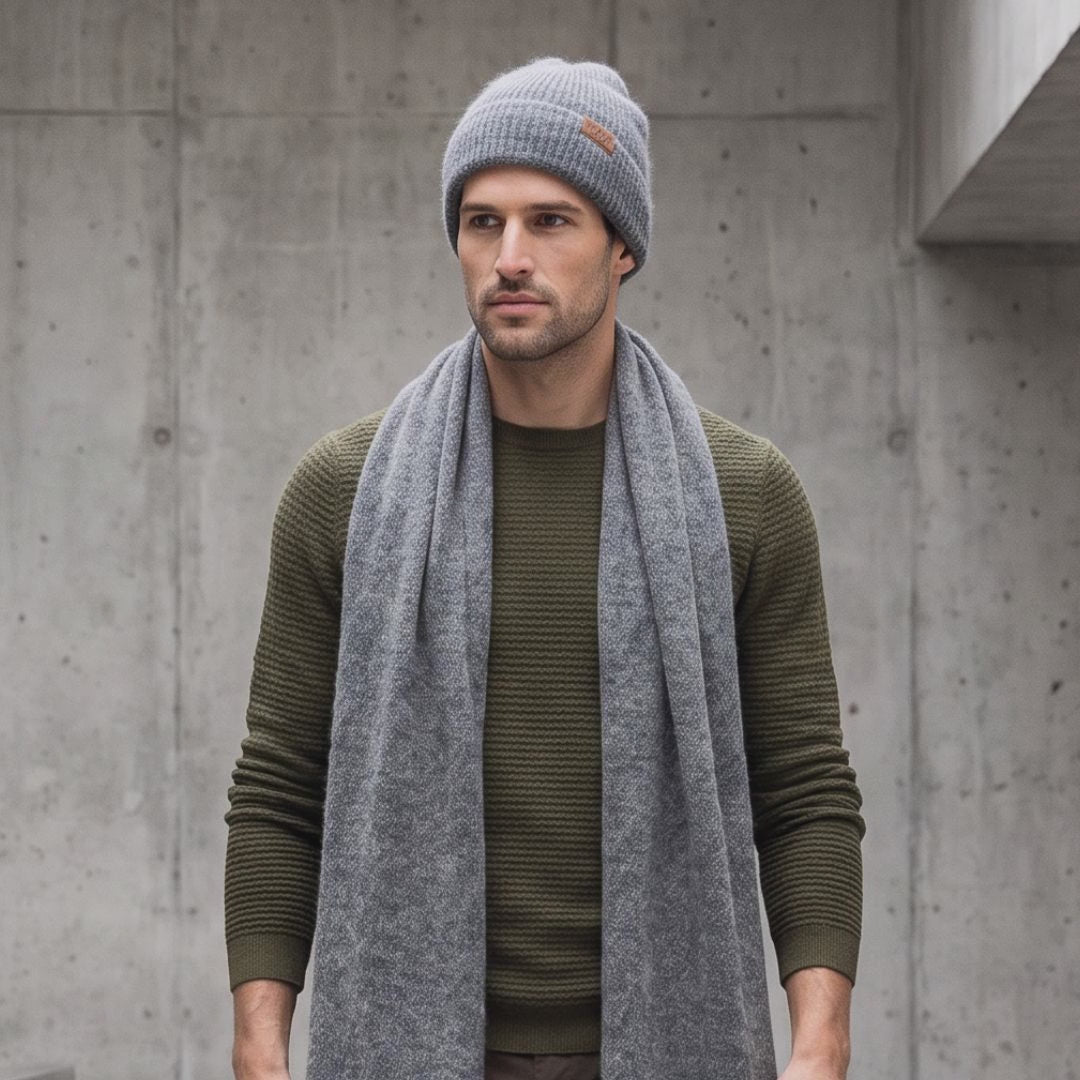 Men's wide baby alpaca scarf and beanie set, gray — By AGdesign