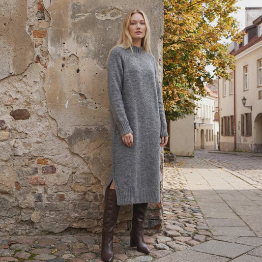 AGNESA long baby alpaca knit dress, gray — By AGdesign