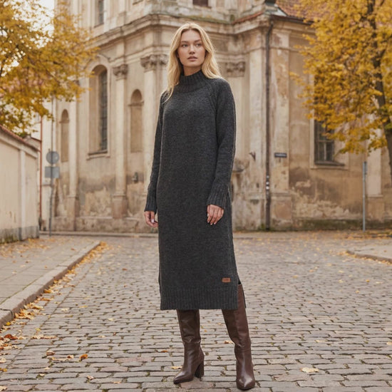 AGNESA long baby alpaca knit dress, dark gray — By AGdesign