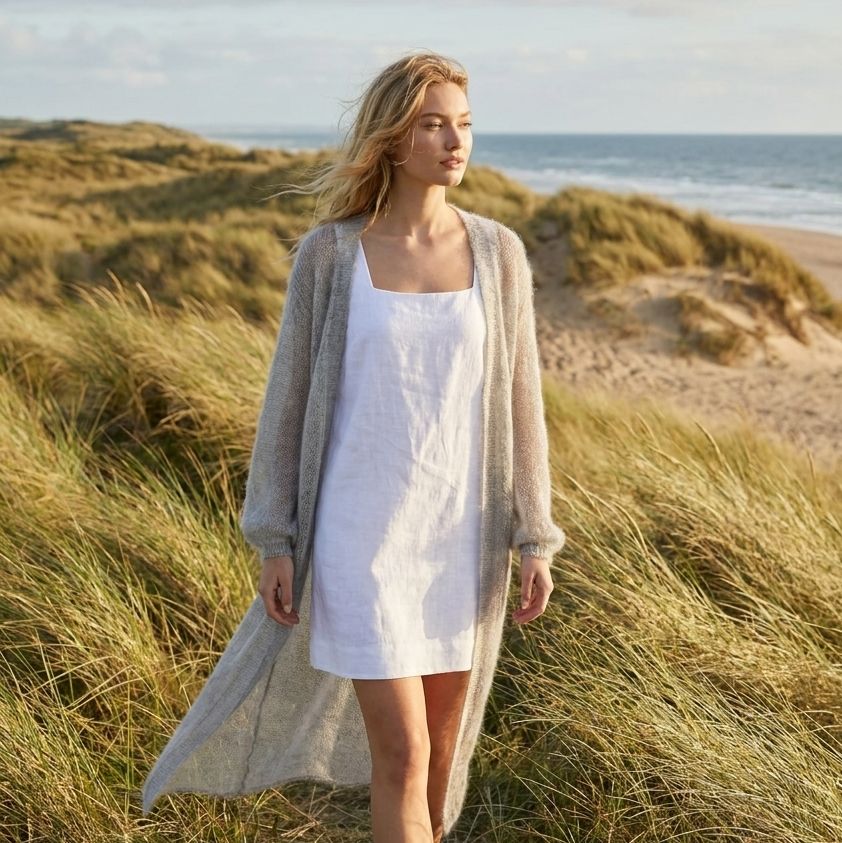 Knit lightweight mohair long cardigan ROMANCE - beige