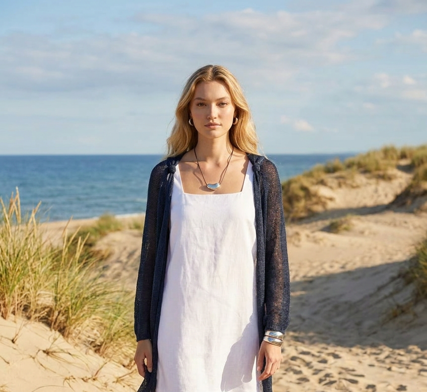 Knit lightweight mohair long cardigan ROMANCE - blue with gray shade