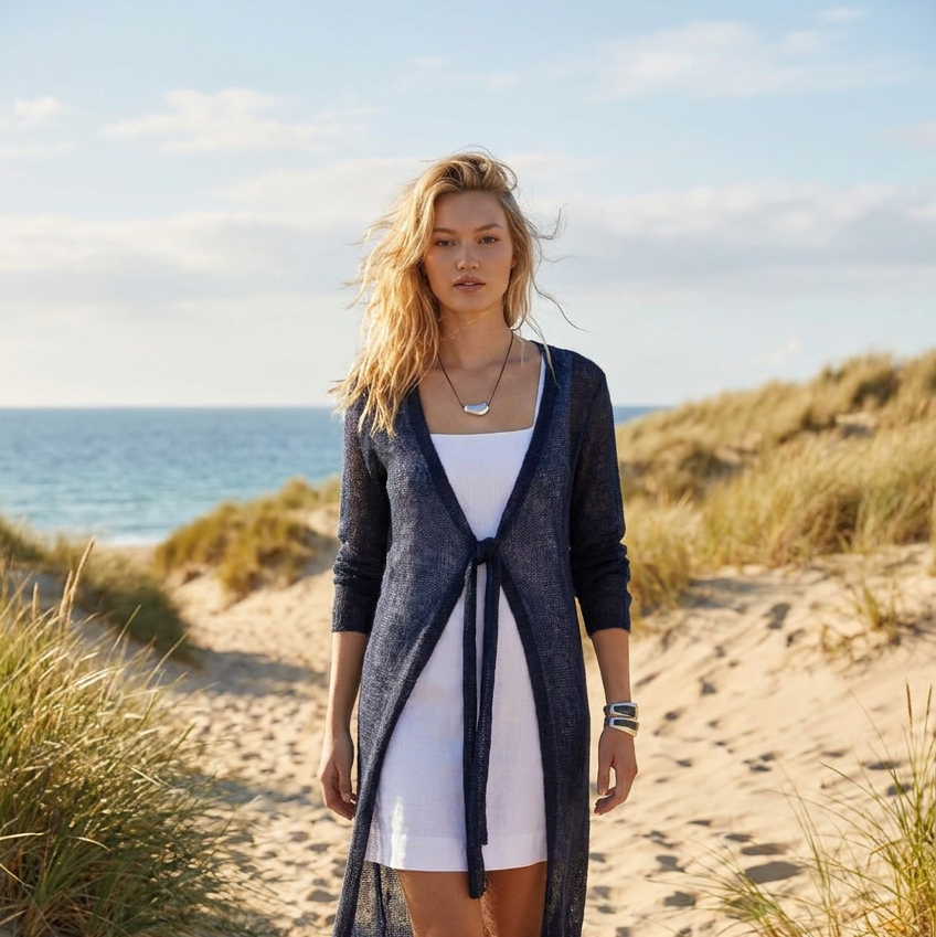Knit lightweight mohair long cardigan ROMANCE - blue with gray shade