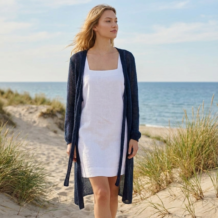 Knit lightweight mohair long cardigan ROMANCE - dark blue
