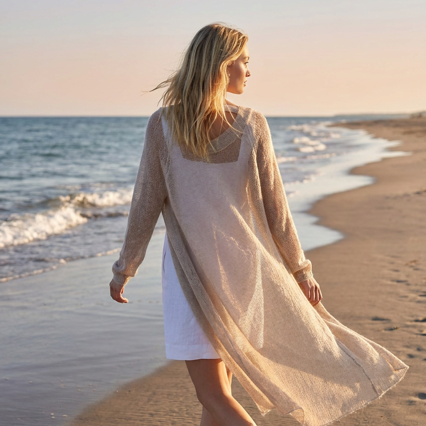 Knit lightweight mohair long cardigan ROMANCE - beige