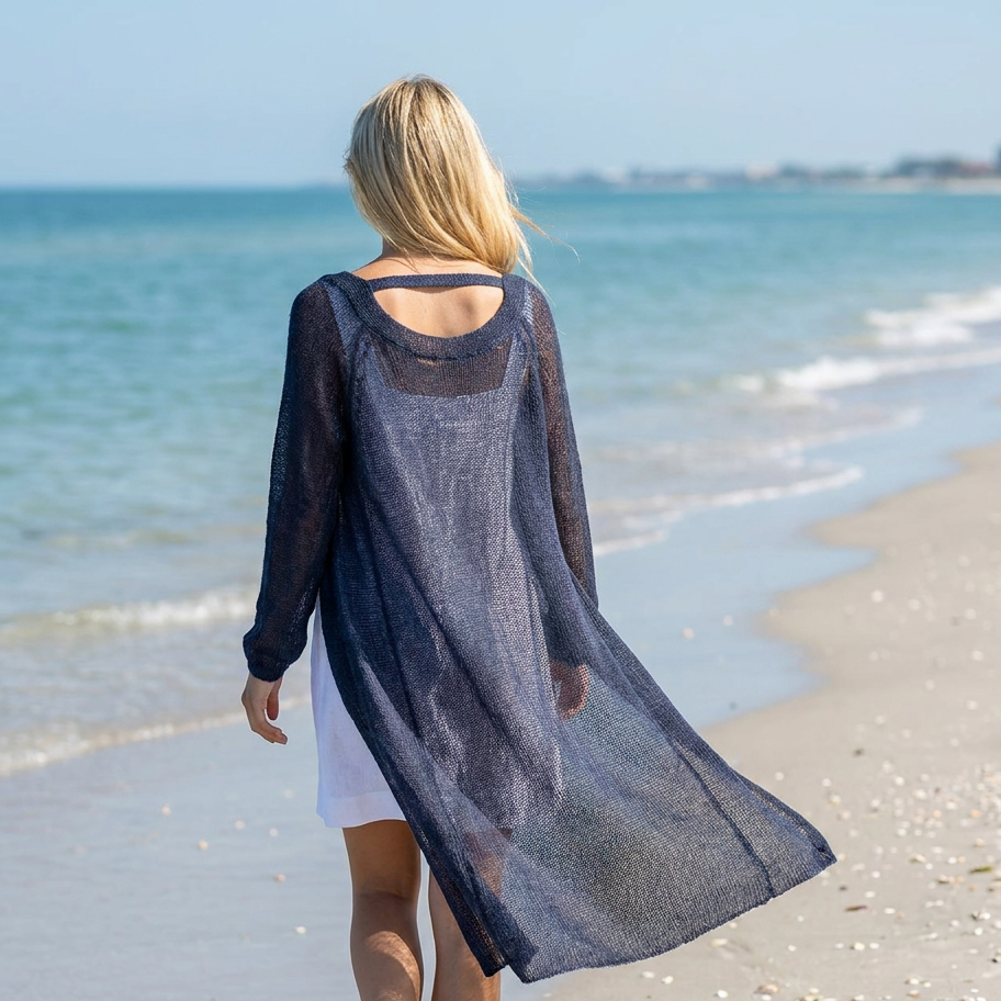 Knit lightweight mohair long cardigan ROMANCE - blue with gray shade