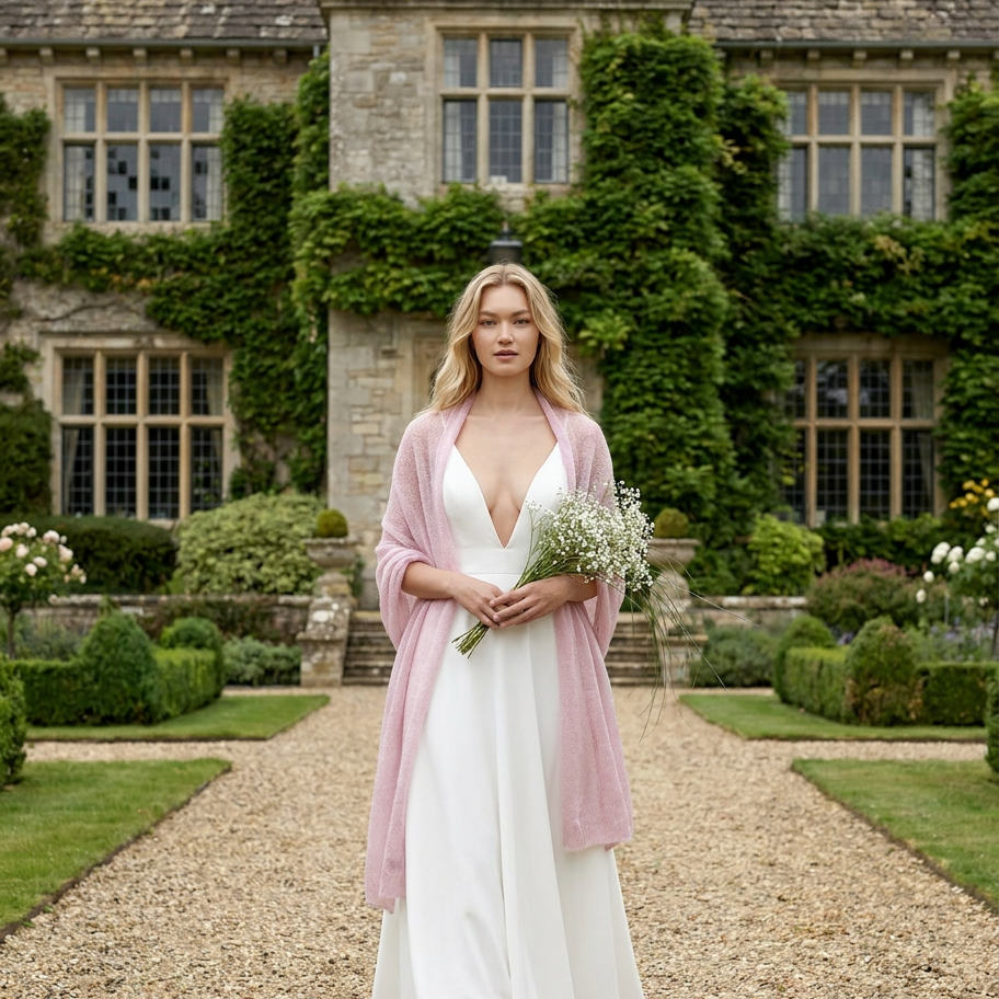 Cape de mariée en maille mohair rose, châle/écharpe