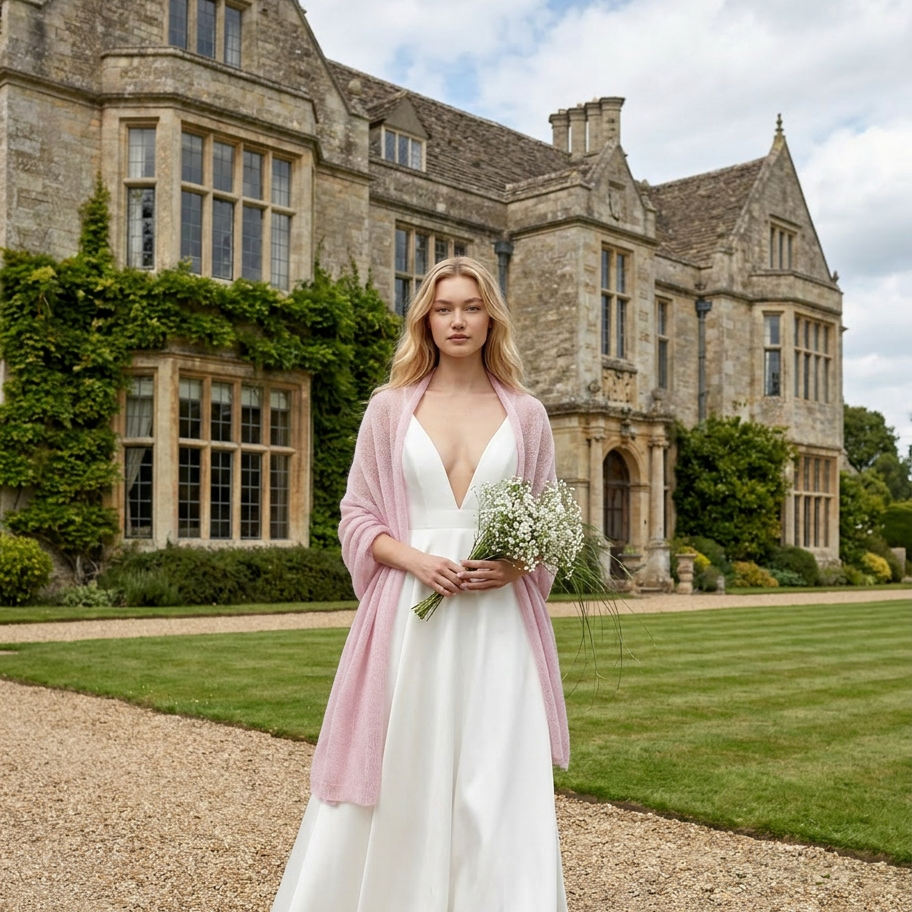 Cape de mariée en maille mohair rose, châle/écharpe