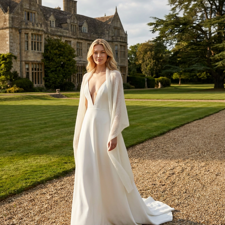 Cape de mariée en maille mohair gris clair