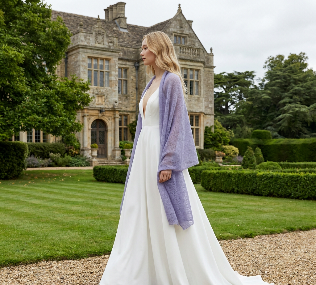 Cape de mariée, châle ou étole tricoté en mohair blanc