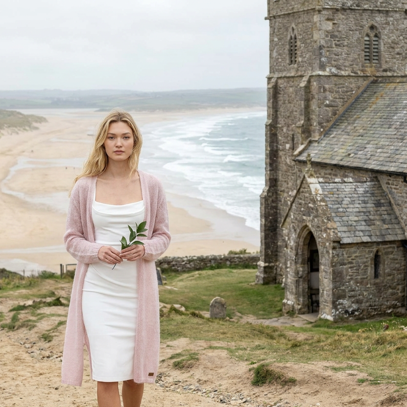 Gilet de mariage en mohair tricoté Wind - rose poudré