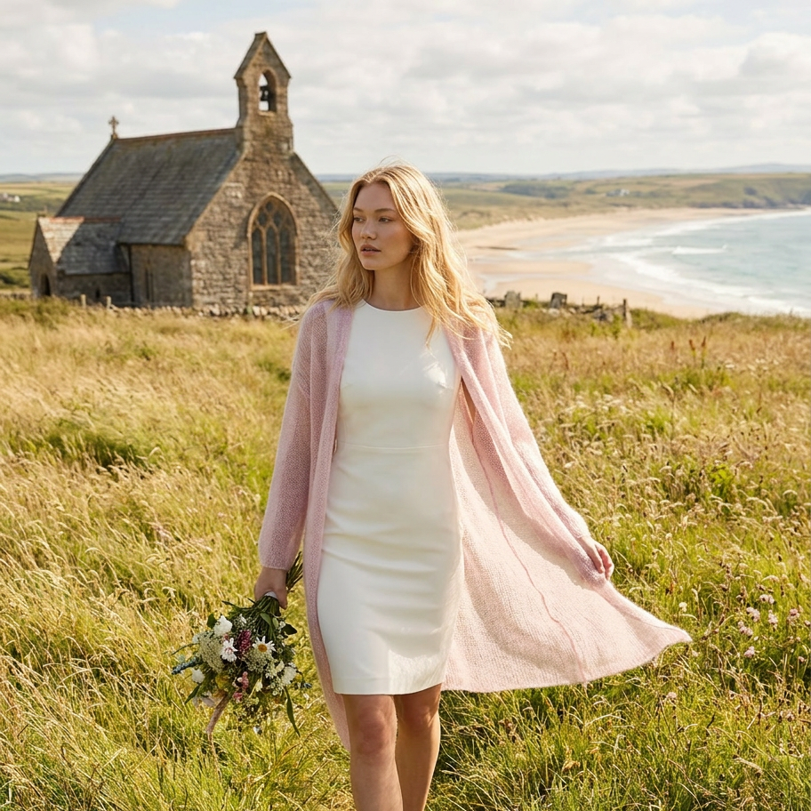 Gilet de mariage en mohair tricoté Wind - rose poudré