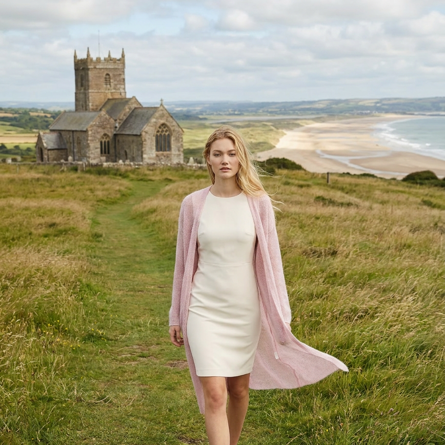 Gilet de mariage en mohair tricoté Wind - rose poudré