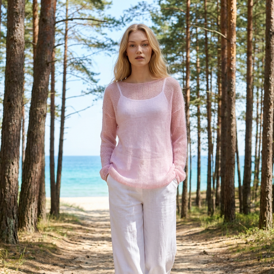 Knit lightweight mohair sweater pullover DUNE - pink