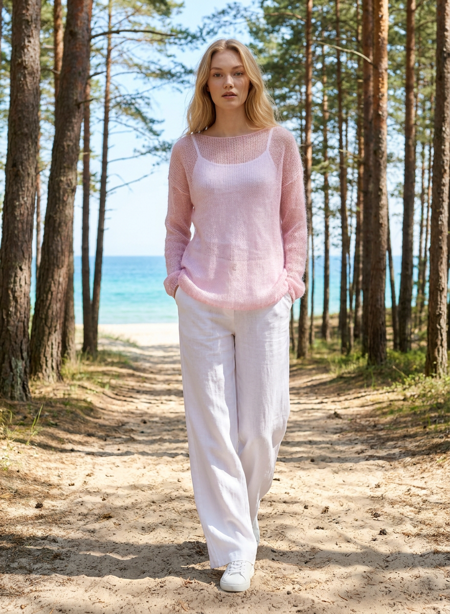 Knit lightweight mohair sweater pullover DUNE - pink