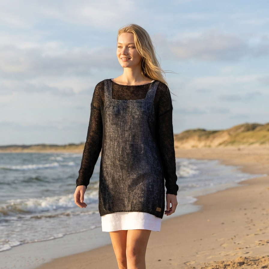 Lightweight mohair knit sweater pullover DUNE - black