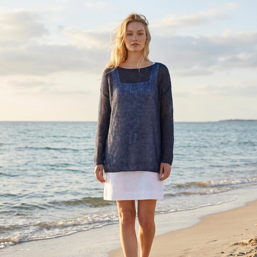 Knit lightweight mohair sweater pullover DUNE - blue with gray shades