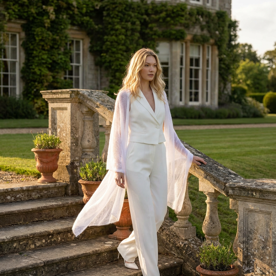 Feast Gala Wedding cape wrap shrug shawl knit from kid mohair - white