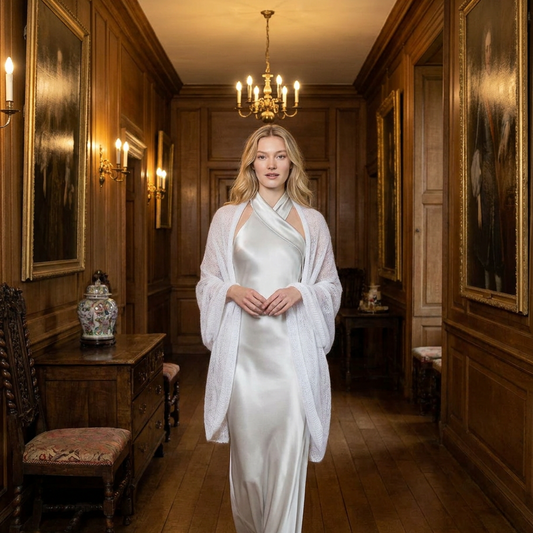 Feast Gala Wedding cape wrap shrug shawl knit from kid mohair - white