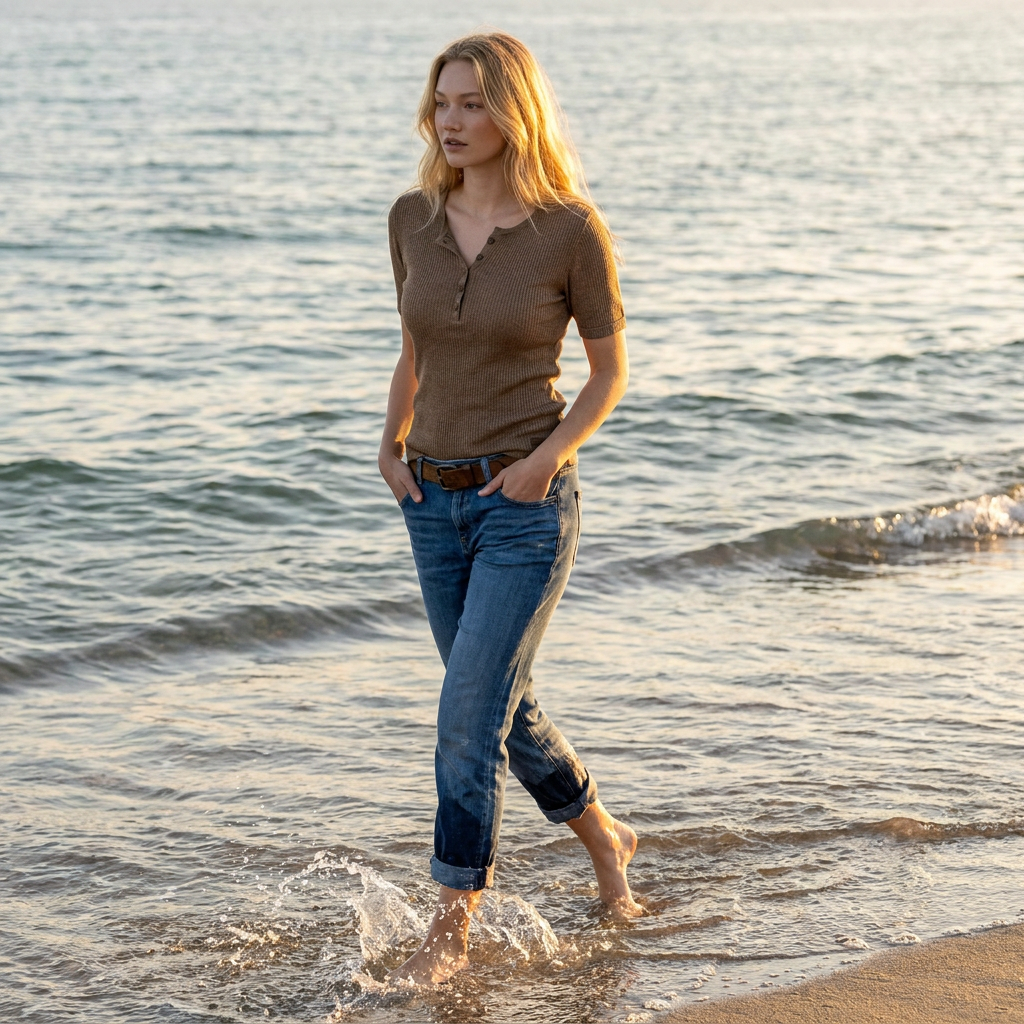 Linen thin t-shirt polo Emily - nude