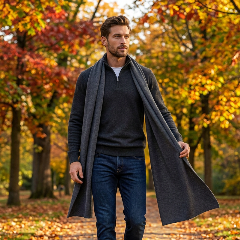 Knitted wide minimalist 100% merino wool scarf - graphite