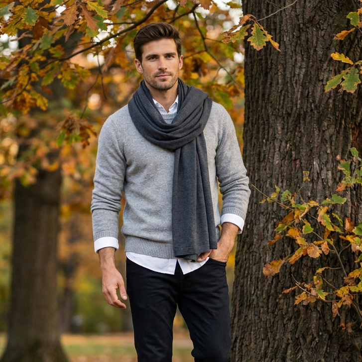 Knitted wide minimalist 100% merino wool scarf - graphite
