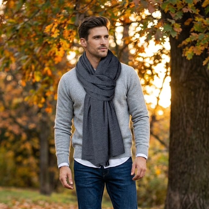 Knitted wide minimalist 100% merino wool scarf - graphite