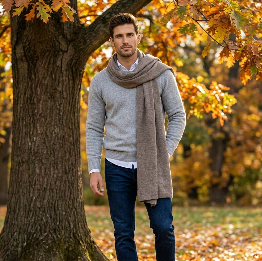 Knitted wide minimalist 100% merino wool scarf - cocoa