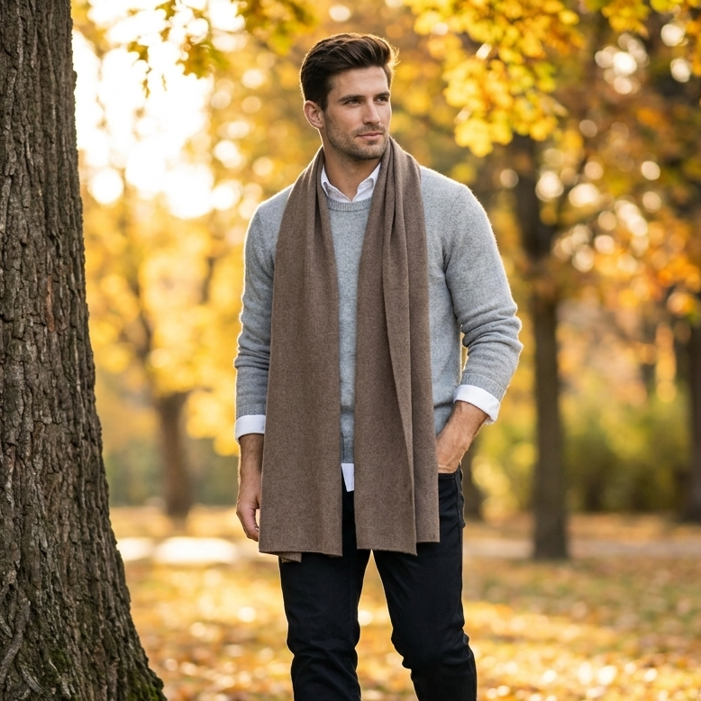Knitted wide minimalist 100% merino wool scarf - cocoa