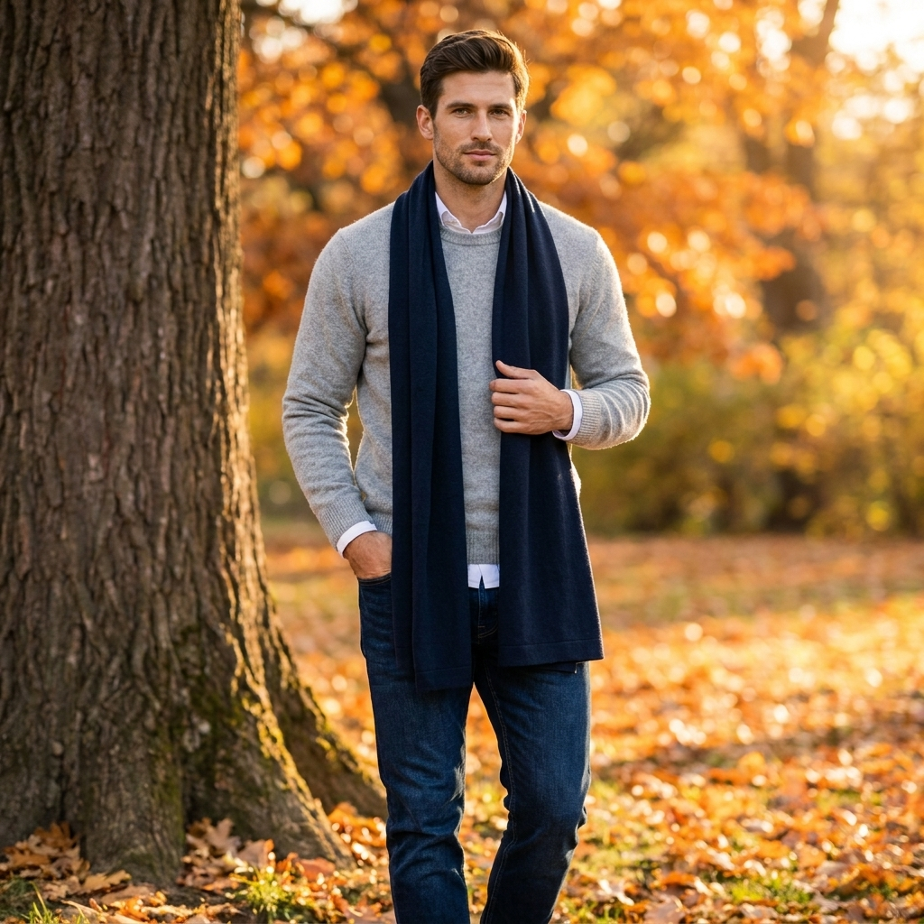 Knitted wide minimalist 100% merino wool scarf - dark blue