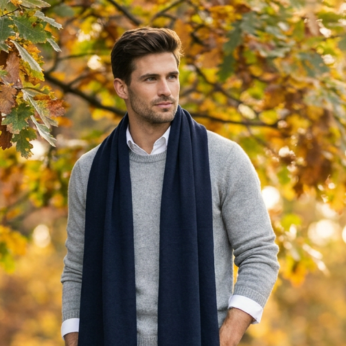 Knitted wide minimalist 100% merino wool scarf - dark blue