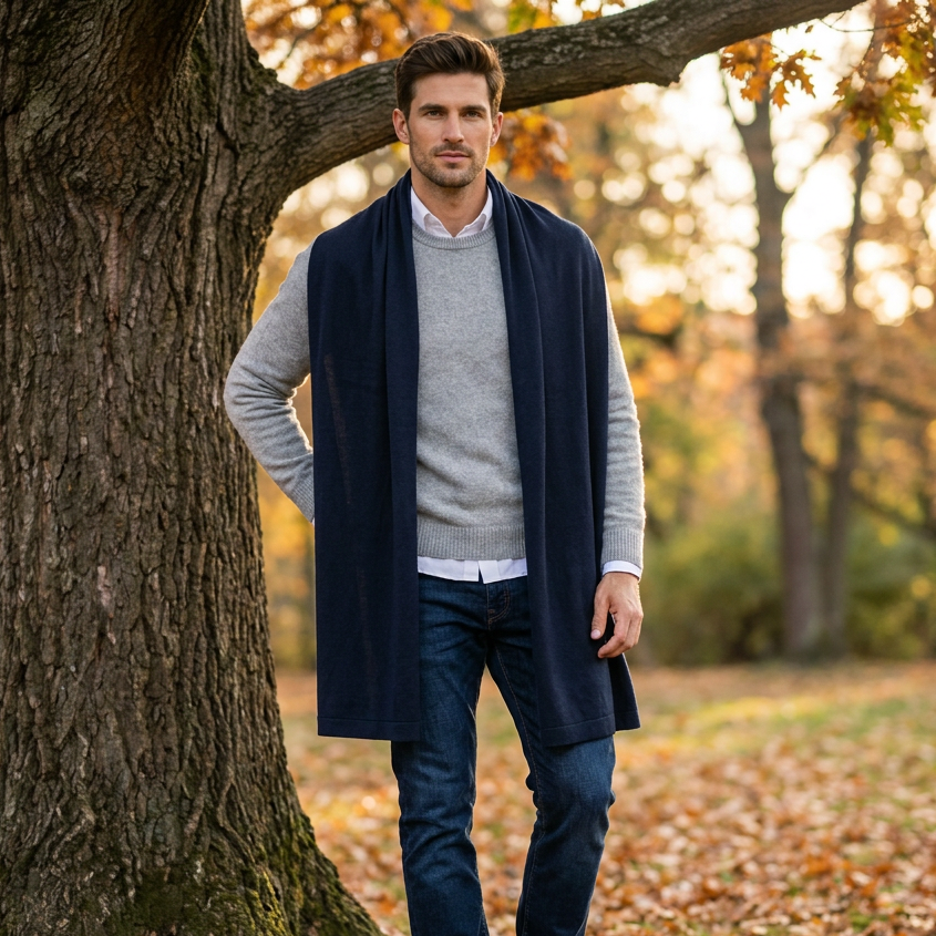 Knitted wide minimalist 100% merino wool scarf - dark blue